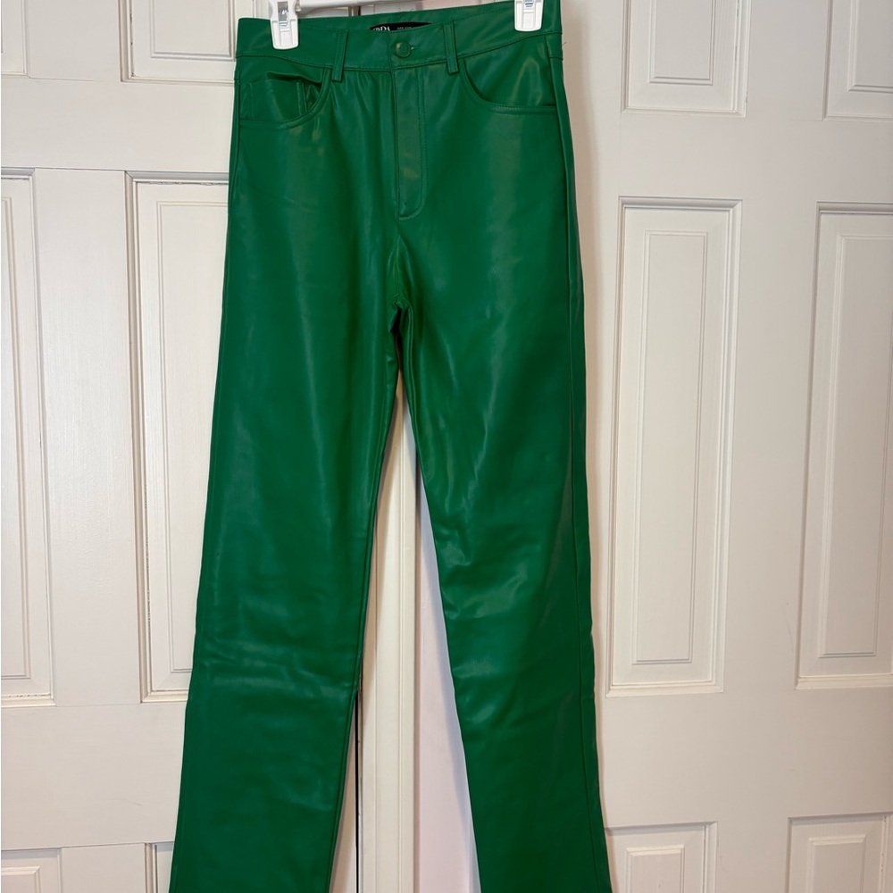 Zara Green Faux Leather Straight Leg Jeans